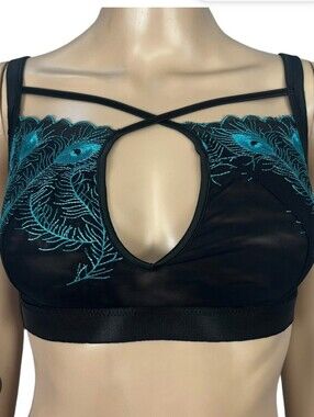 Empress Mimi Black Bralette with Teal Peacock Feather Embroidery Size Medium